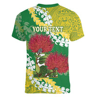 Personalized Leilehua Hawaii High School Women V-Neck T-Shirt Puakenikeni Lei Hawaiian Pattern - Polynesian Pride