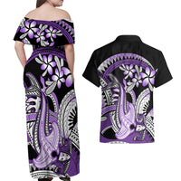 Purple Polynesian Couples Matching Off Shoulder Maxi Dress and Hawaiian Shirt Hammerhead Shark Tattoo Royal Plumeria Gradient Vibes LT14 - Polynesian Pride