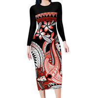 Red Polynesian Family Matching Long Sleeve Bodycon Dress and Hawaiian Shirt Hammerhead Shark Tattoo Royal Plumeria Gradient Vibes LT14 Mom's Dress Red - Polynesian Pride