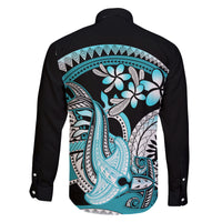 Turquoise Polynesian Hammerhead Shark Tattoo Family Matching Off Shoulder Maxi Dress and Hawaiian Shirt Royal Plumeria Gradient Vibes LT14 - Polynesian Pride