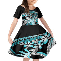 Turquoise Polynesian Hammerhead Shark Tattoo Kid Short Sleeve Dress Royal Plumeria Gradient Vibes LT14 KID Turquoise - Polynesian Pride