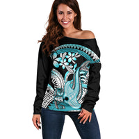 Turquoise Polynesian Hammerhead Shark Tattoo Off Shoulder Sweater Royal Plumeria Gradient Vibes LT14 Women Turquoise - Polynesian Pride
