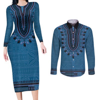 Blue African Dashiki With Fijian Tapa Pattern Couples Matching Long Sleeve Bodycon Dress and Long Sleeve Button Shirt