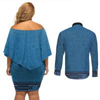 Blue African Dashiki With Fijian Tapa Pattern Couples Matching Off Shoulder Short Dress and Long Sleeve Button Shirt