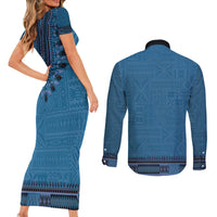 Blue African Dashiki With Fijian Tapa Pattern Couples Matching Short Sleeve Bodycon Dress and Long Sleeve Button Shirt