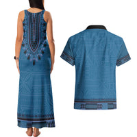 Blue African Dashiki With Fijian Tapa Pattern Couples Matching Tank Maxi Dress and Hawaiian Shirt