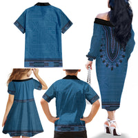 Blue African Dashiki With Fijian Tapa Pattern Family Matching Off The Shoulder Long Sleeve Dress and Hawaiian Shirt