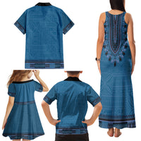 Blue African Dashiki With Fijian Tapa Pattern Family Matching Tank Maxi Dress and Hawaiian Shirt