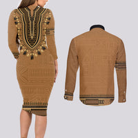 Brown African Dashiki With Fijian Tapa Pattern Couples Matching Long Sleeve Bodycon Dress and Long Sleeve Button Shirt