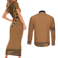 Brown African Dashiki With Fijian Tapa Pattern Couples Matching Short Sleeve Bodycon Dress and Long Sleeve Button Shirt