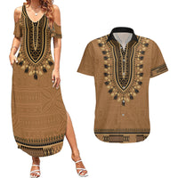 Brown African Dashiki With Fijian Tapa Pattern Couples Matching Summer Maxi Dress and Hawaiian Shirt