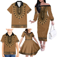 Brown African Dashiki With Fijian Tapa Pattern Family Matching Off The Shoulder Long Sleeve Dress and Hawaiian Shirt