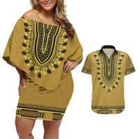 Gold African Dashiki With Fijian Tapa Pattern Couples Matching Off Shoulder Short Dress and Hawaiian Shirt LT14 Gold - Polynesian Pride