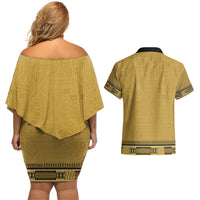 Gold African Dashiki With Fijian Tapa Pattern Couples Matching Off Shoulder Short Dress and Hawaiian Shirt
