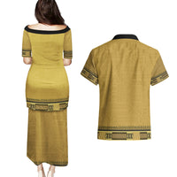 Gold African Dashiki With Fijian Tapa Pattern Couples Matching Puletasi and Hawaiian Shirt