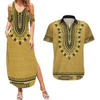 Gold African Dashiki With Fijian Tapa Pattern Couples Matching Summer Maxi Dress and Hawaiian Shirt