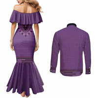 Purple African Dashiki With Fijian Tapa Pattern Couples Matching Mermaid Dress and Long Sleeve Button Shirt LT14 - Polynesian Pride