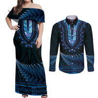 Blue African Dashiki With Aotearoa Maori Couples Matching Off Shoulder Maxi Dress and Long Sleeve Button Shirt Paua Shell Mix Silver Fern LT14 Blue - Polynesian Pride