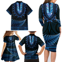 Blue African Dashiki With Aotearoa Maori Family Matching Long Sleeve Bodycon Dress and Hawaiian Shirt Paua Shell Mix Silver Fern