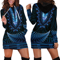 Blue African Dashiki With Aotearoa Maori Hoodie Dress Paua Shell Mix Silver Fern