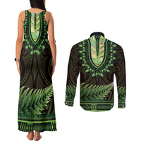 Lime Green African Dashiki With Aotearoa Maori Couples Matching Tank Maxi Dress and Long Sleeve Button Shirt Paua Shell Mix Silver Fern LT14 - Polynesian Pride