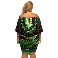 Lime Green African Dashiki With Aotearoa Maori Family Matching Off Shoulder Short Dress and Hawaiian Shirt Paua Shell Mix Silver Fern