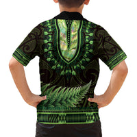 Lime Green African Dashiki With Aotearoa Maori Family Matching Puletasi and Hawaiian Shirt Paua Shell Mix Silver Fern
