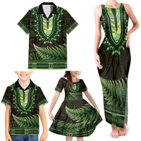 Lime Green African Dashiki With Aotearoa Maori Family Matching Tank Maxi Dress and Hawaiian Shirt Paua Shell Mix Silver Fern