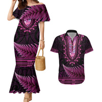 Pink African Dashiki With Aotearoa Maori Couples Matching Mermaid Dress and Hawaiian Shirt Paua Shell Mix Silver Fern LT14 Pink - Polynesian Pride