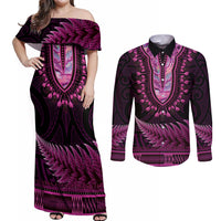 Pink African Dashiki With Aotearoa Maori Couples Matching Off Shoulder Maxi Dress and Long Sleeve Button Shirt Paua Shell Mix Silver Fern LT14 Pink - Polynesian Pride