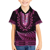 Pink African Dashiki With Aotearoa Maori Family Matching Short Sleeve Bodycon Dress and Hawaiian Shirt Paua Shell Mix Silver Fern LT14 Son's Shirt Pink - Polynesian Pride
