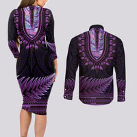 Purple African Dashiki With Aotearoa Maori Couples Matching Long Sleeve Bodycon Dress and Long Sleeve Button Shirt Paua Shell Mix Silver Fern LT14 - Polynesian Pride