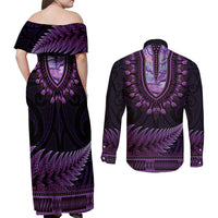 Purple African Dashiki With Aotearoa Maori Couples Matching Off Shoulder Maxi Dress and Long Sleeve Button Shirt Paua Shell Mix Silver Fern LT14 - Polynesian Pride