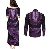 Purple African Dashiki With Aotearoa Maori Couples Matching Puletasi and Long Sleeve Button Shirt Paua Shell Mix Silver Fern LT14 - Polynesian Pride