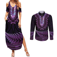 Purple African Dashiki With Aotearoa Maori Couples Matching Summer Maxi Dress and Long Sleeve Button Shirt Paua Shell Mix Silver Fern LT14 Purple - Polynesian Pride