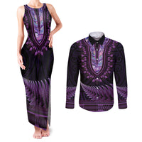 Purple African Dashiki With Aotearoa Maori Couples Matching Tank Maxi Dress and Long Sleeve Button Shirt Paua Shell Mix Silver Fern LT14 Purple - Polynesian Pride