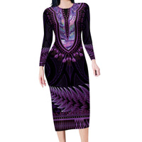 Purple African Dashiki With Aotearoa Maori Long Sleeve Bodycon Dress Paua Shell Mix Silver Fern LT14 Long Dress Purple - Polynesian Pride