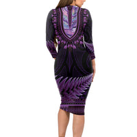 Purple African Dashiki With Aotearoa Maori Long Sleeve Bodycon Dress Paua Shell Mix Silver Fern LT14 - Polynesian Pride