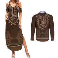 Brown African Dashiki With Tonga Ngatu Pattern Couples Matching Summer Maxi Dress and Long Sleeve Button Shirt LT14 Brown - Polynesian Pride