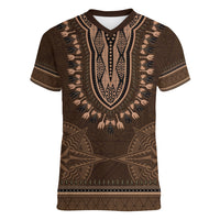 Brown African Dashiki With Tonga Ngatu Pattern Women V-Neck T-Shirt