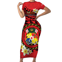 Personalised Tonga Emancipation Day Short Sleeve Bodycon Dress Tongan Ngatu Pattern - Red Version LT14 Long Dress Red - Polynesian Pride