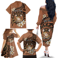 Personalised Tonga Emancipation Day Family Matching Off The Shoulder Long Sleeve Dress and Hawaiian Shirt Tongan Ngatu Pattern - Brown Version