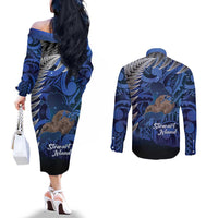 New Zealand Stewart Island Couples Matching Off The Shoulder Long Sleeve Dress and Long Sleeve Button Shirt Rakiura Kiwi Maori Glowing Sky LT14 - Polynesian Pride