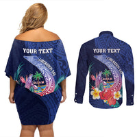 Personalised Guam Liberation Day Couples Matching Off Shoulder Short Dress and Long Sleeve Button Shirt Happy 80th Anniversary Fish Hook Mix Tropical Flowers LT14 - Polynesian Pride