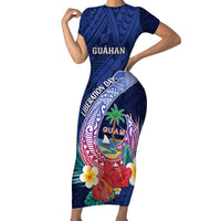 Personalised Guam Liberation Day Family Matching Short Sleeve Bodycon Dress and Hawaiian Shirt Happy 80th Anniversary Fish Hook Mix Tropical Flowers
