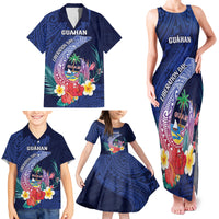 Personalised Guam Liberation Day Family Matching Tank Maxi Dress and Hawaiian Shirt Happy 80th Anniversary Fish Hook Mix Tropical Flowers