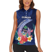 Personalised Guam Liberation Day Women Sleeveless Polo Shirt Happy 80th Anniversary Fish Hook Mix Tropical Flowers