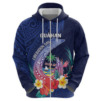 Personalised Guam Liberation Day Zip Hoodie Happy 80th Anniversary Fish Hook Mix Tropical Flowers