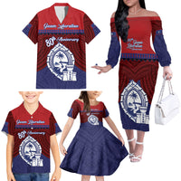 Guam Liberation Day Family Matching Off The Shoulder Long Sleeve Dress and Hawaiian Shirt Biba Guahan Chamorro 80th Anniversary - Blue