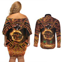 Samoa Teuila 2024 Festival Couples Matching Off Shoulder Short Dress and Long Sleeve Button Shirt Samoan Siva Afi With Red Gingers LT14 - Polynesian Pride